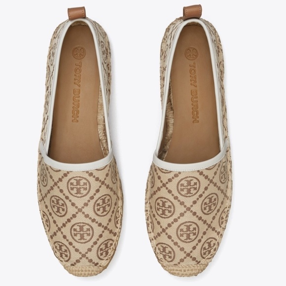 NWT TORY BURCH T MONOGRAM PLATFORM ESPADRILLE Hazelnut Logo Jacquard - Picture 1 of 6